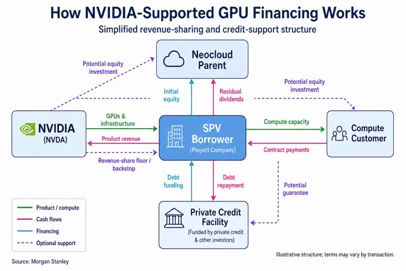 This is a Morgan Stanley schematic of how GPU purchases get financed off the neocloud parent's balance sheet, with NVIDIA supplying the credit enhancement that makes the debt financeable.