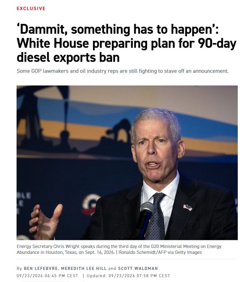 White House is preparing plan for 90-day diesel exports ban If Politico is right, Europe is heading into a financial crisis.