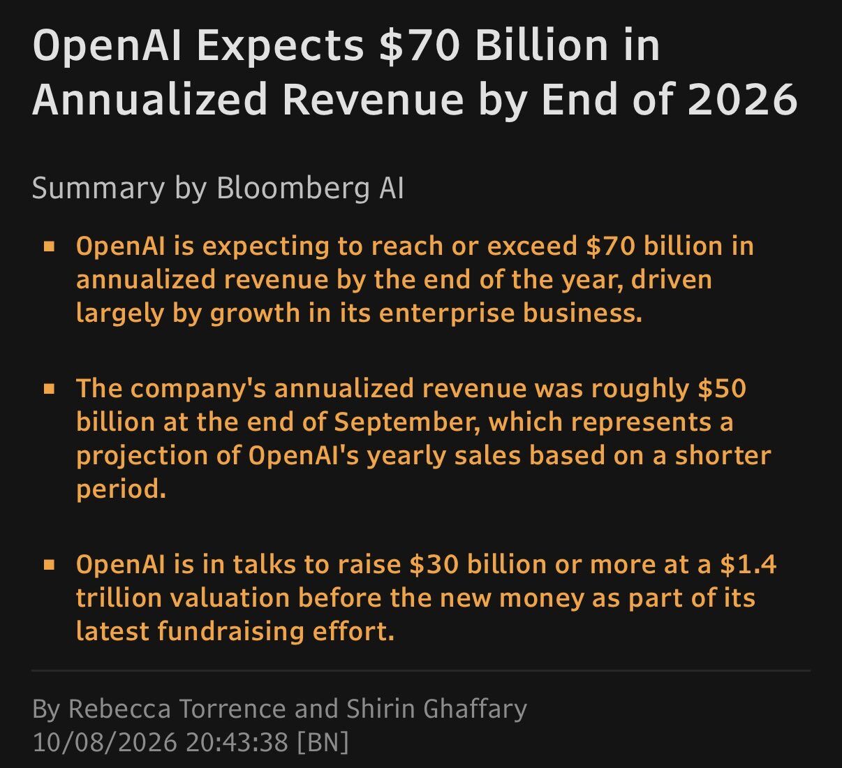 OPENAI EXPECTS $70B IN ANNUALIZED REVENUE BY END OF 2026