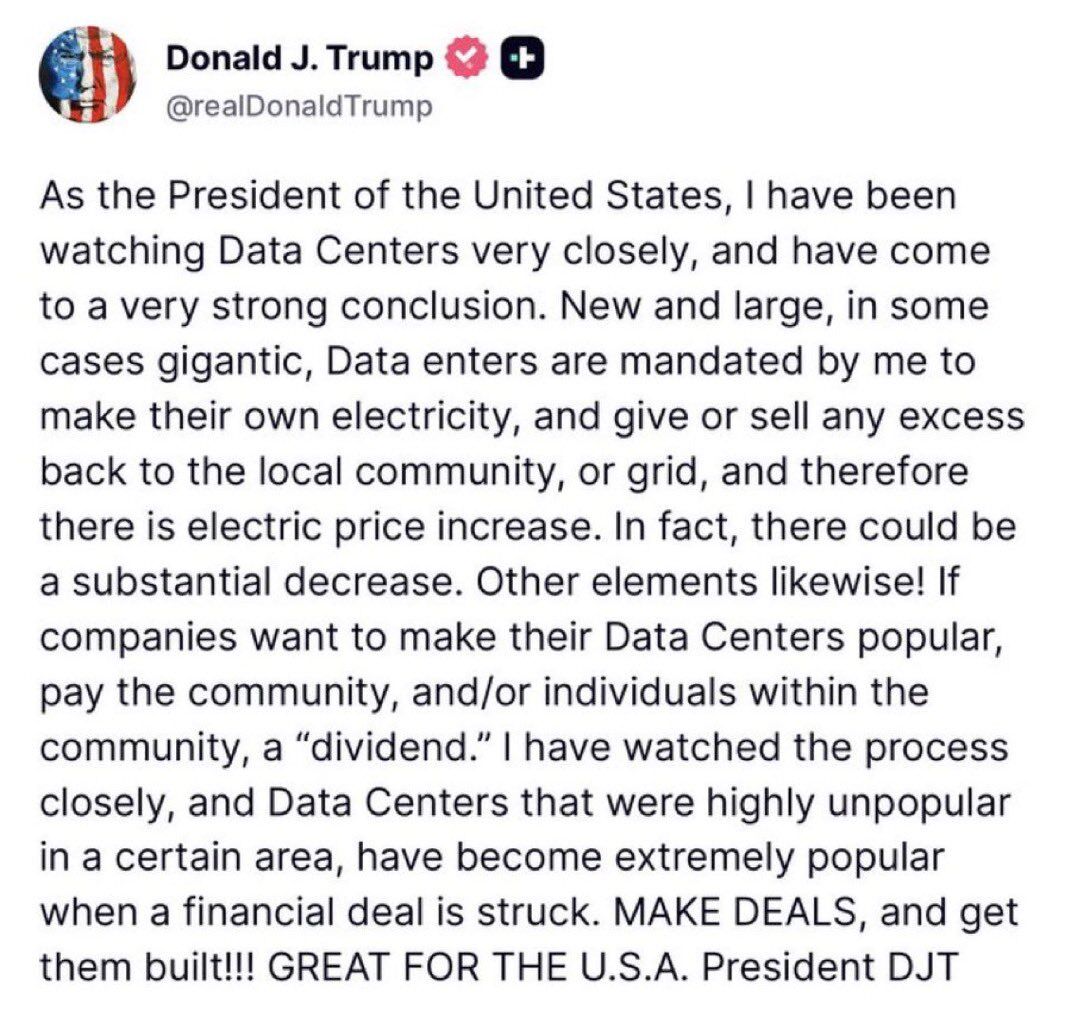 President Trump wants AI data center developers to pay local communities a “dividend” and bring their own power as local opposition has reportedly stalled over $170B in projects.