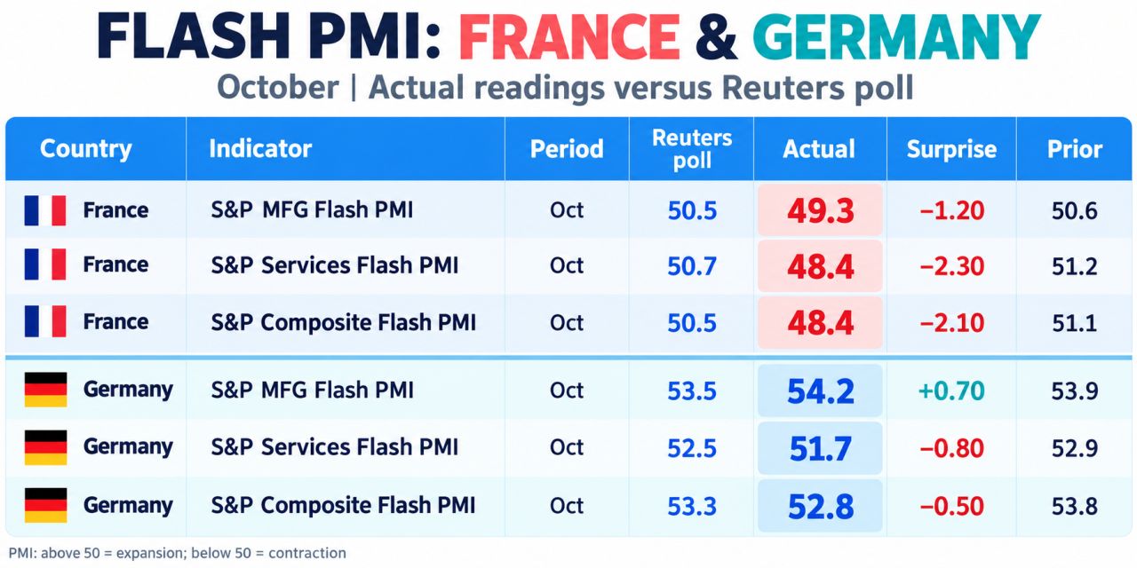 The Eurozone flash PMI for October 2026 slowed to a four-month low, driven by rising energy costs and a sharp contraction in France, while Germany showed relative resilience