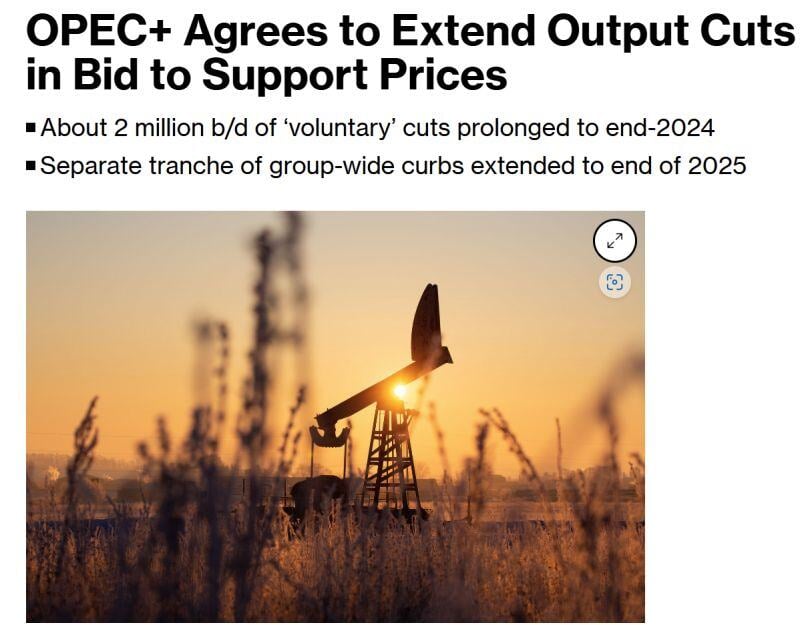 As expected, OPEC+ agreed to extend its oil supply cuts, delegates said, as the group continues its efforts to avert a global surplus and shore up prices.