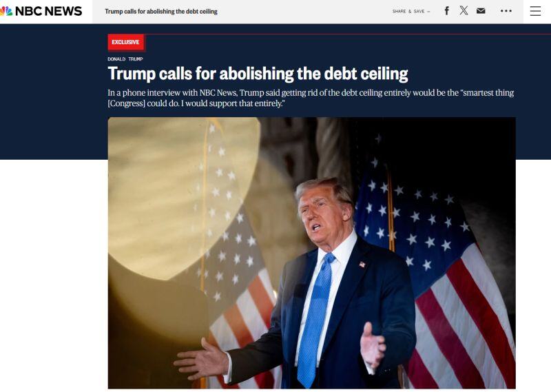 BREAKING - Trump tells NBC he'd support abolishing the debt ceiling, calling it 'the smartest thing Congress could do' and suggesting it's more psychological than practical.