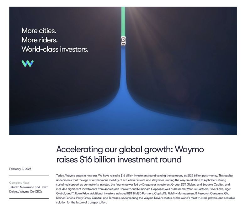 Waymo just confirmed it has raised $16 Billion at a $126 Billion valuation