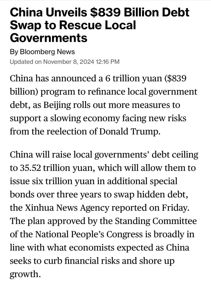 China on Friday announced a five-year package totaling 10 trillion yuan ($1.4 trillion) to tackle local government debt problems, while signaling more economic support would come next year.