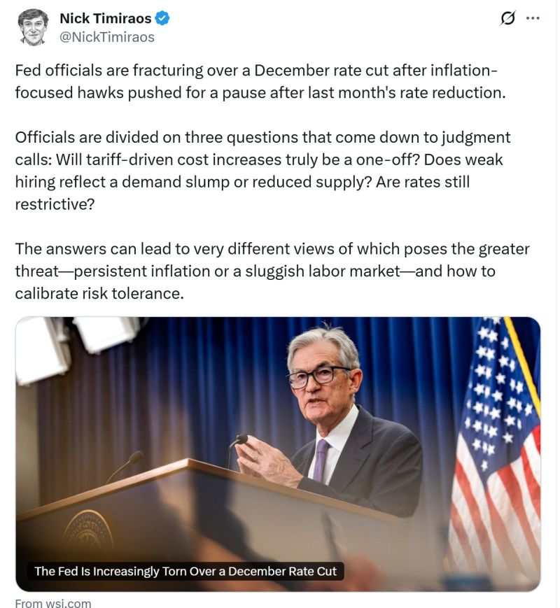 Odds of a rate cut at Fed December meeting have increased again (70%+) but Fed officials remain divided on three questions that come down to judgment calls: