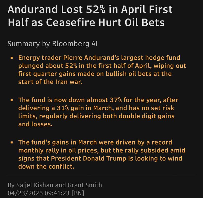 *ANDURAND LOST 52% IN APRIL FIRST HALF AS CEASEFIRE HURT OIL BET