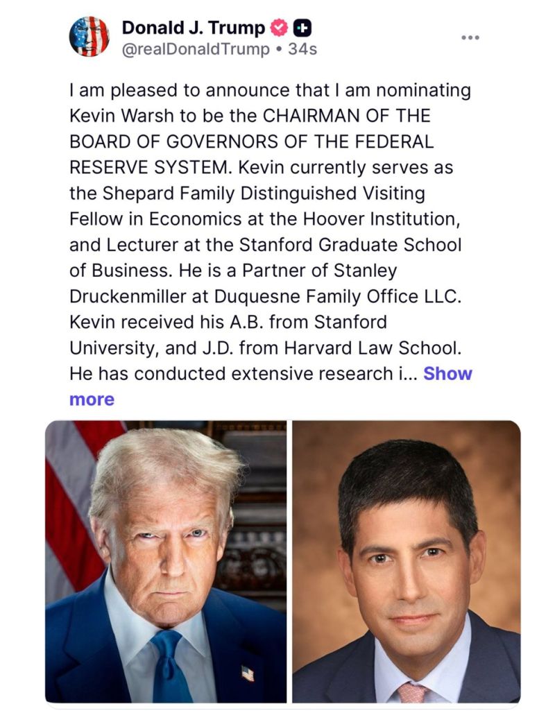 Trump nominates Kevin Warsh for Federal Reserve chair to succeed Jerome Powell