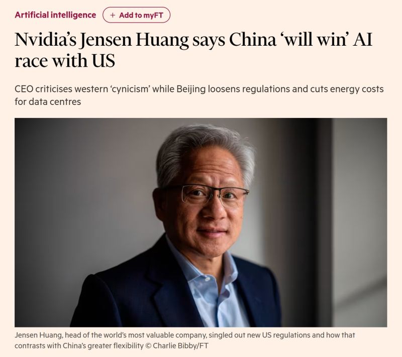 🚨 “China is going to win the AI race.” — Jensen Huang, CEO of NVIDIA