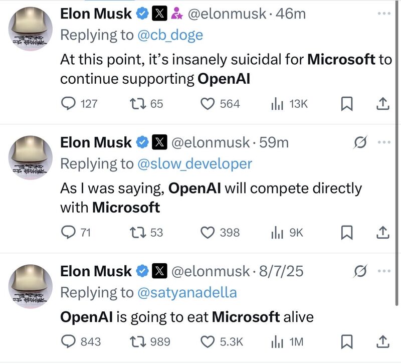 Elon predicts that OpenAI will eat Microsoft alive and believes MSFT should stop supporting it.