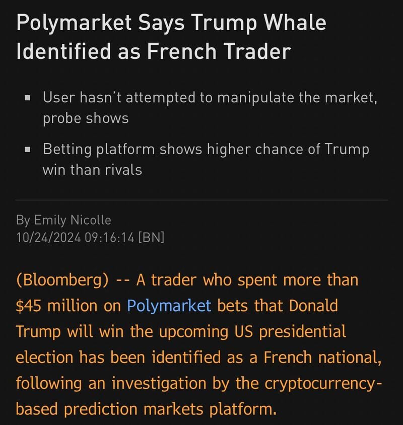 Polymarket has identified “Fredi9999”, the user who has bet ~$45 million on Trump.