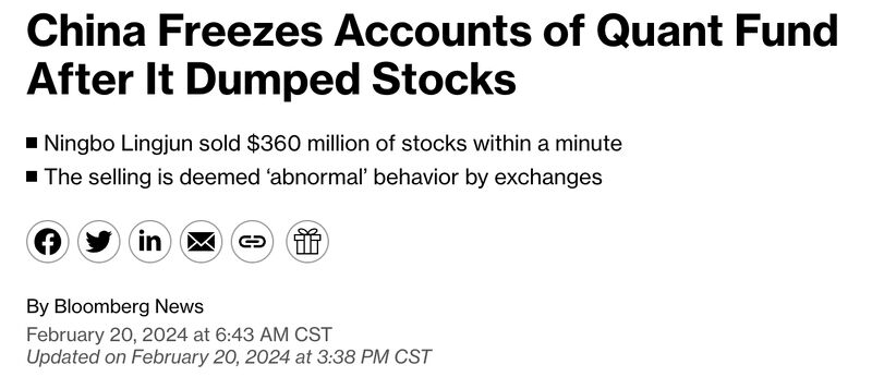 Chinese Authorities froze a quant hedge fund's account for 3 days after it dumped more than $360 million worth of stocks within the first minute of trading.