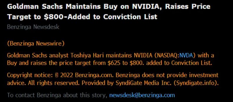 Goldman raises Nvidia price target to $800.