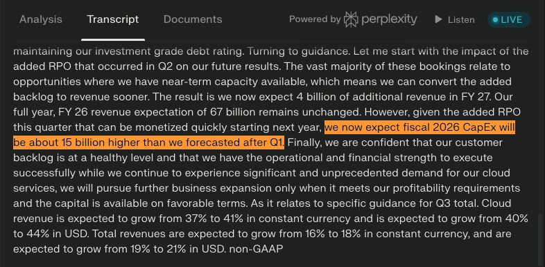 ORACLE $ORCL: We now expect fiscal 2026 CapEx will be about 15 billion higher than we forecasted after Q1.