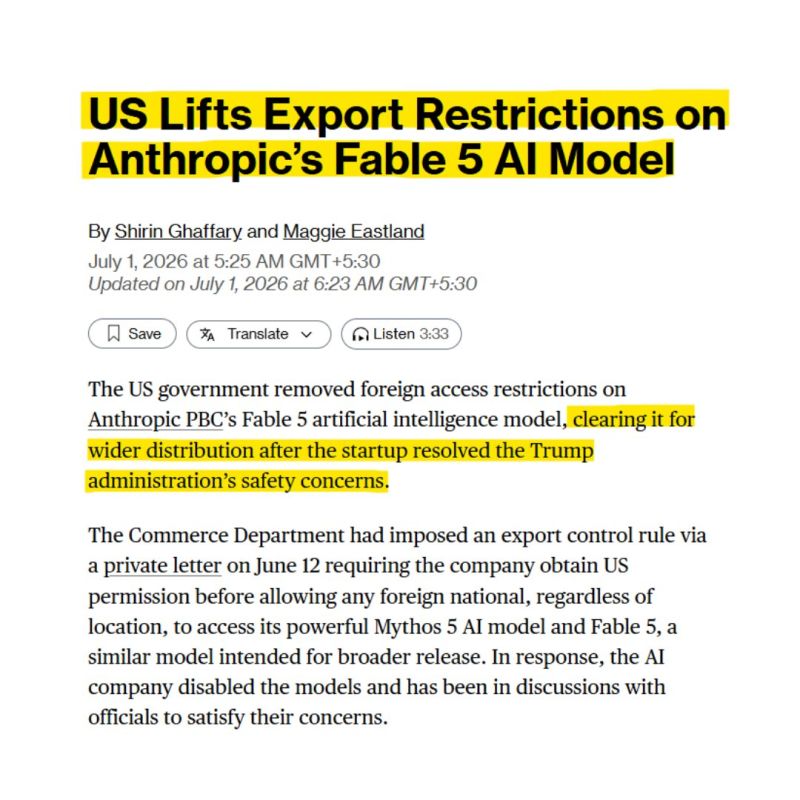 BREAKING: The US government has lifted export restrictions on Anthropic's Fable 5 and Mythos 5 AI models.