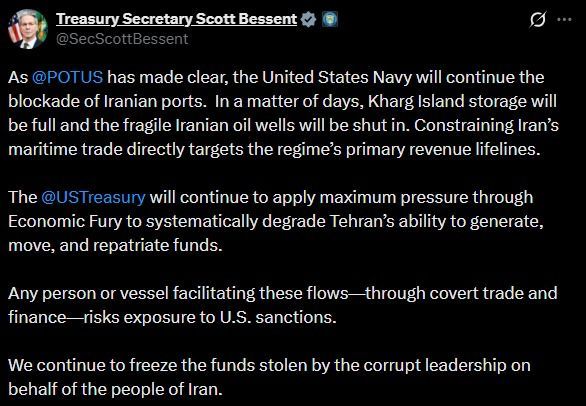 Treasury Secretary Bessent has outlined a stark economic strategy: storage at Kharg Island is expected to reach capacity within days, potentially forcing Iran to halt oil production.