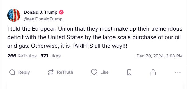 Trump threatens tariffs if the EU doesn't buy more US oil and gas