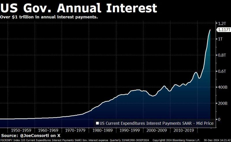 The US Treasury's annual interest expense surpassed $1.117 trillion this year — making it the second-largest government expense.