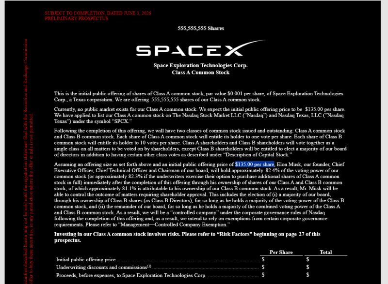 SpaceX $SPCX to IPO at $135 / share, with 555,555,555 shares available