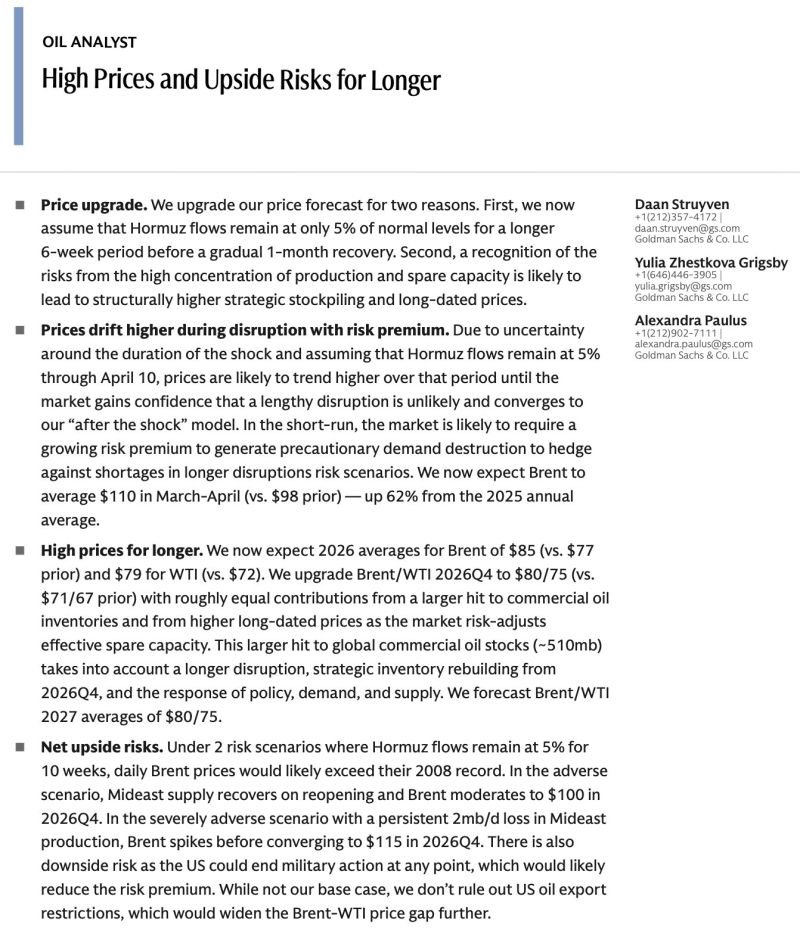 Goldman Sachs has raised its oil price forecast for the rest of this year, betting on a longer disruption to flows through the Strait of Hormuz.