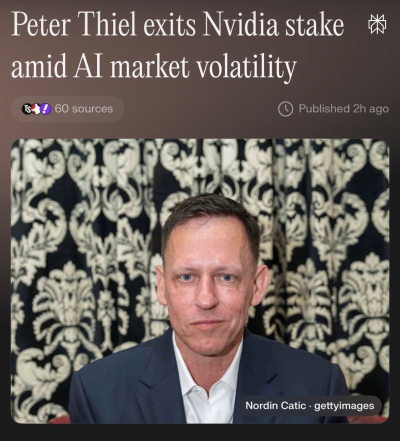 Billionaire investor Peter Thiel fully exited Nvidia $NVD in Q3, selling all ~537k shares that were nearly 40% of his fund, per his latest 13F.