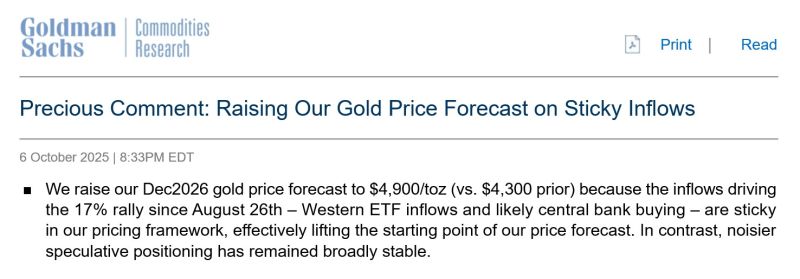 Goldman is raising their gold price Dec2026 forecast to $4,900 (prior $4,300)