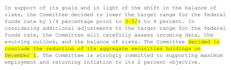 THE FED WILL END QT ON DECEMBER 1ST