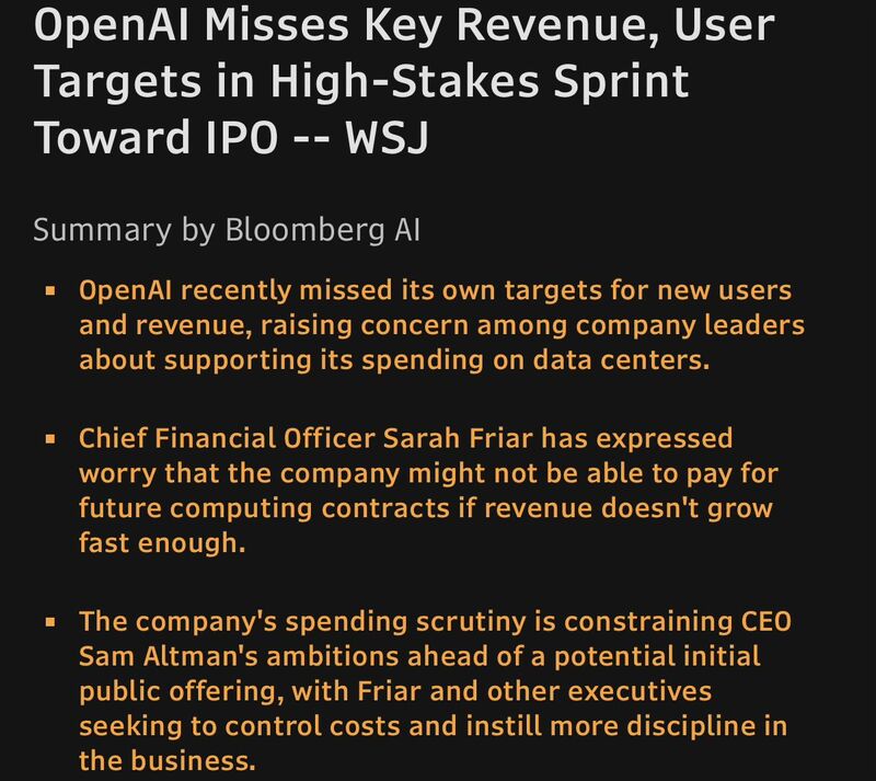 OPENAI MISSED '25 REV TARGET FOR CHATGPT: WSJ
