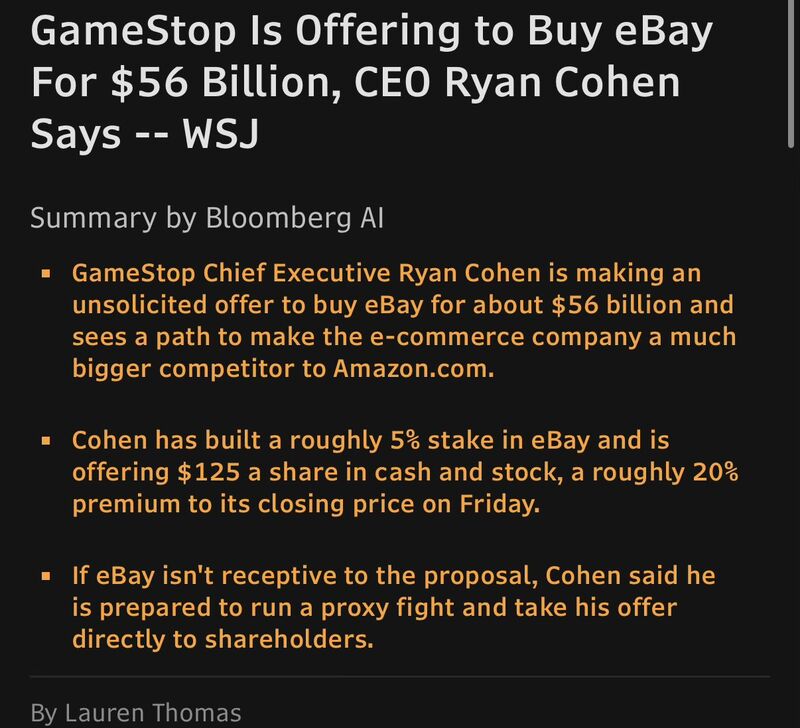 GAMESTOP CEO COHEN SAYS OFFERING TO BUY EBAY FOR $56B: WSJ
