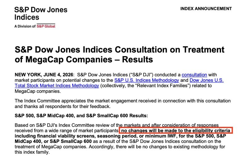 The S&P 500 just said today that it will NOT be changing its inclusion rules to let SpaceX and other mega cap companies enter the index earlier