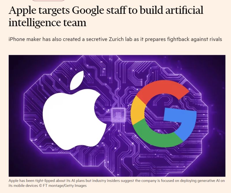 Apple has poached dozens of artificial intelligence experts from Google and has created a secretive swiss laboratory in Zurich