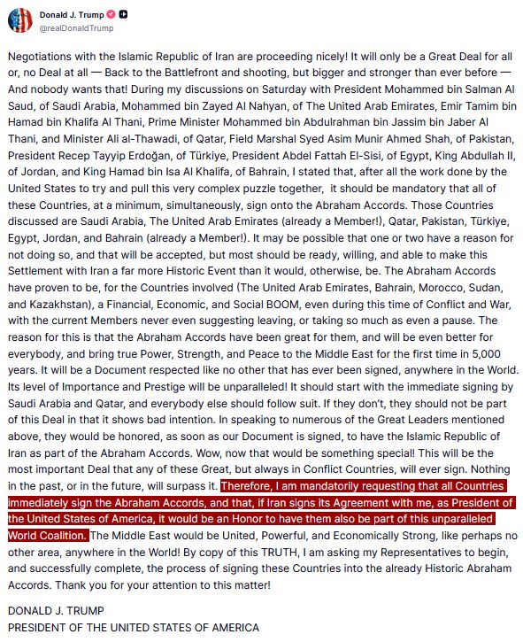 TRUMP JUST PUBLISHED THE EXACT LIST OF COUNTRIES REQUIRED TO JOIN THE ABRAHAM ACCORDS AS THE PRICE OF ANY IRAN PEACE DEAL
