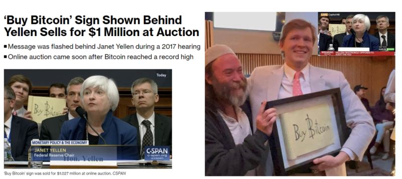 The guy who photobombed Janet Yellen with a “Buy Bitcoin” sign back in July 2017, just auctioned off the notepad for 16 Bitcoin (over $1 million!) to Justin, A.K.A. Squirrekkywrath!