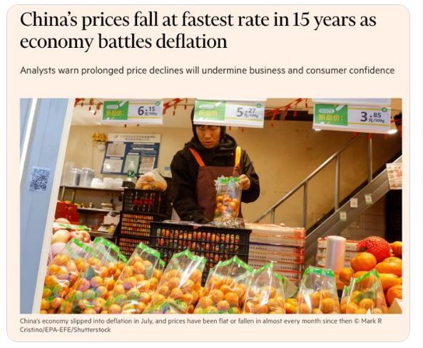 JUST IN: China's consumer prices declined at the fastest speed in 15 years in January.