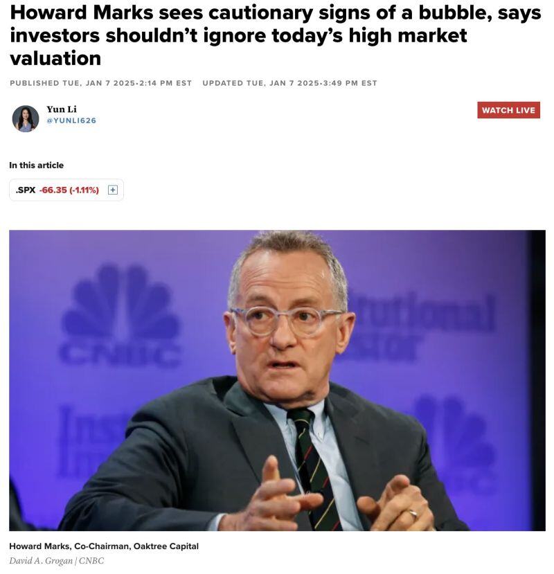 Howard Marks, Co-Chairman of Oaktree Capital and one of the world's most respected value investors, is cautioning about froth in the market and believes we are due for either: