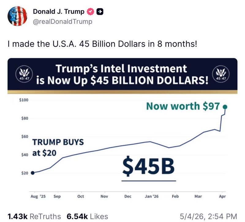 President Trump is flexing on his gains on $INTC...