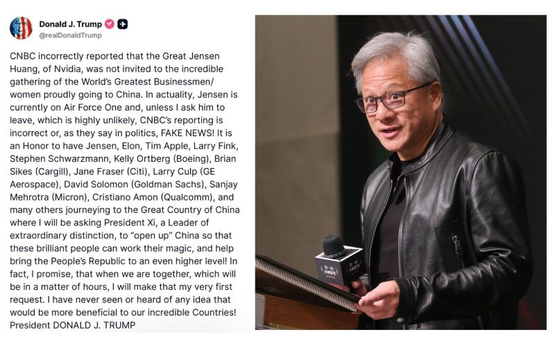 Trump just confirmed that Nvidia CEO Jensen Huang is traveling with him to China aboard Air Force One.