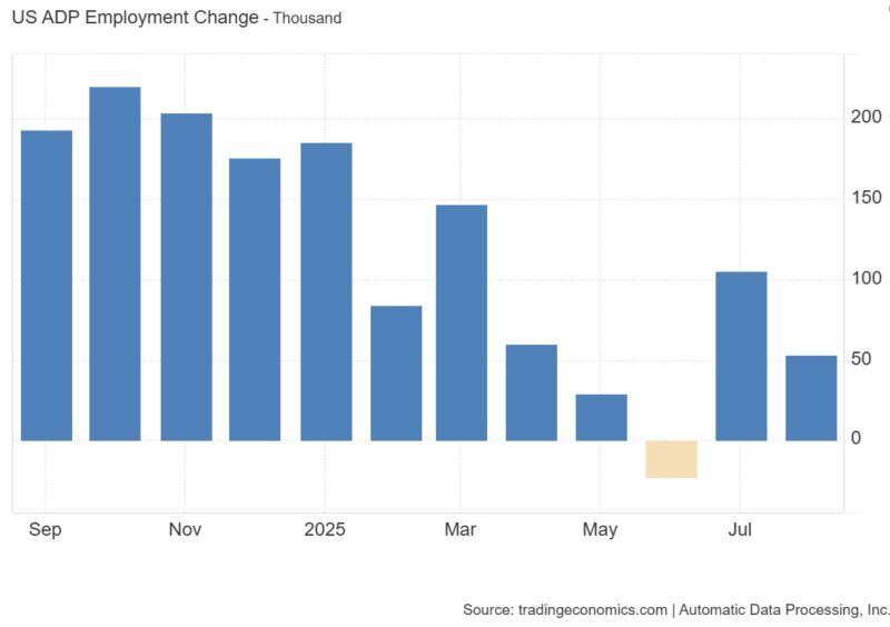 ADP: US private payrolls rose just 54K in August, down from 106K in July