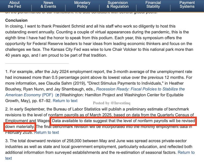 As highlighted by StockMarkets.news, the payroll downward revision was actually flagged by Powell weeks ago, sneaking it into a footnote in his Jackson Hole speech: