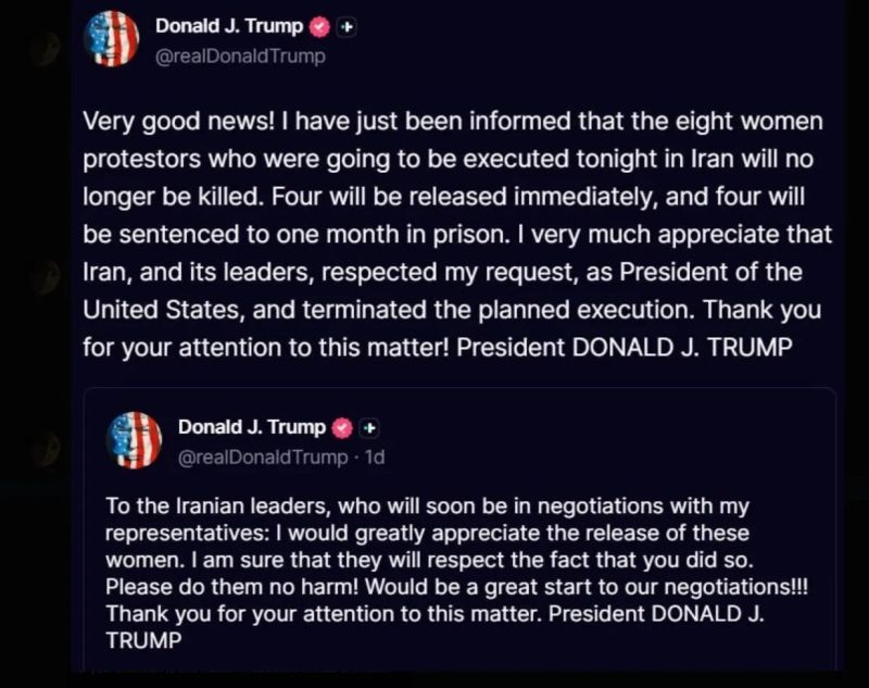 Trump just announced Iran called off the planned execution of 8 women protesters.