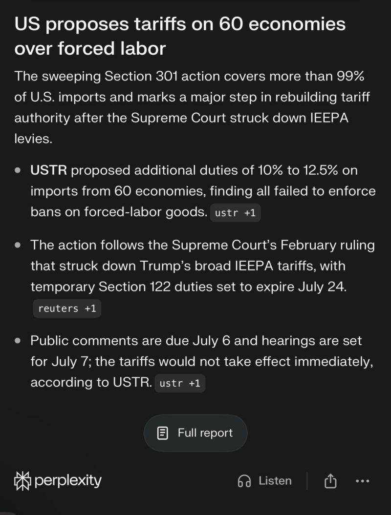 The U.S. is proposing new tariffs of at least 10% on imports from 60 trading partners after a forced-labor-related trade investigation.
