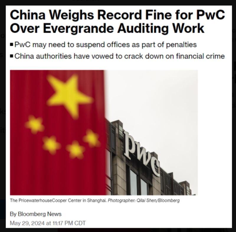 China likely to impose the largest fine in history against an accounting firm of at least $138 million against PwC due to their failure to catch the largest financial fraud in history at Evergrande.