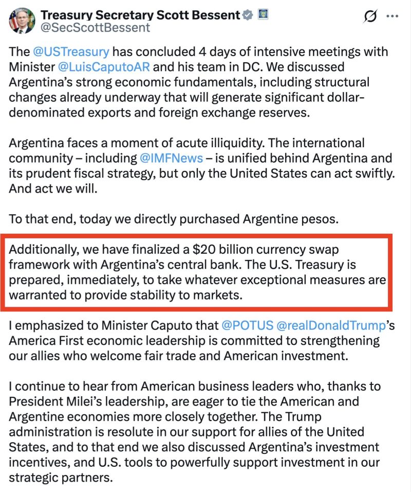 The U.S. just finalized a $20 billion currency swap deal with Argentina and is now directly buying Argentine pesos to help stabilize the collapsing currency.