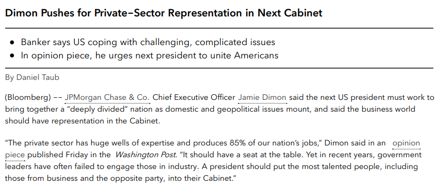 JP Morgan's Jamie Dimon pushes for private-sector representation in next cabinet