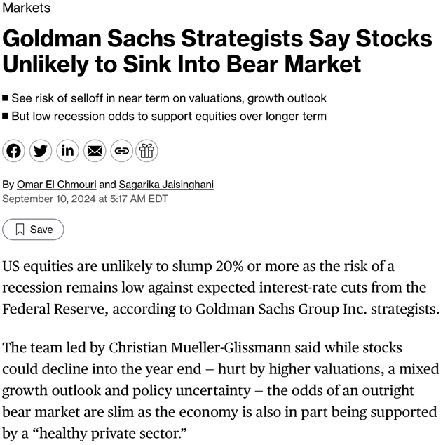 Goldman Sachs strategists say stocks unlikely to sink into bear market