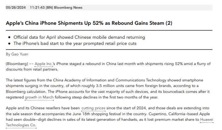 Apple iPhone shipments in China rebound 52% in April