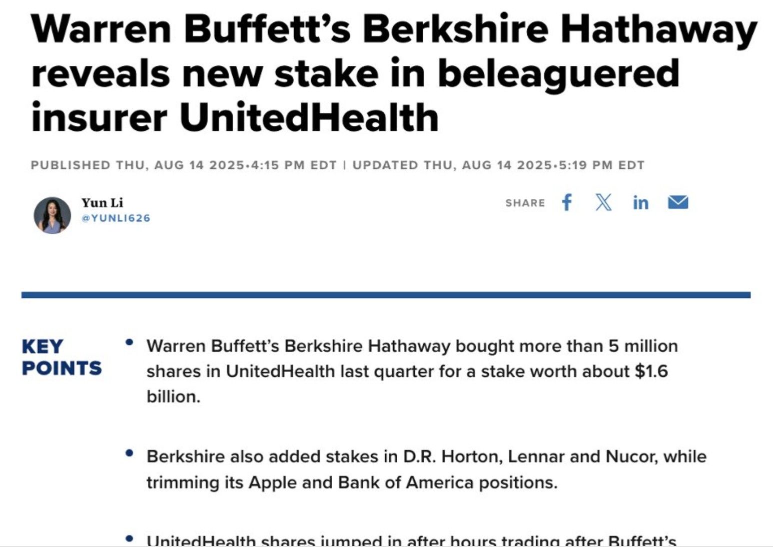 🔴 Warren Buffett's Berkshire Hathaway takes a $1.6 Billion position in UnitedHealth $UNH